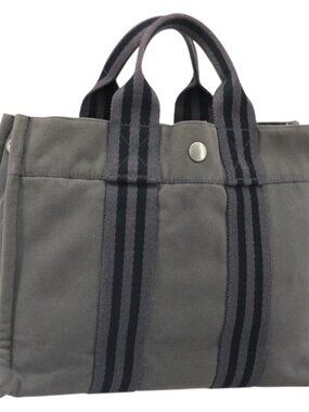HERMES Fourre Tout PM Hand Bag Canvas Gray Silver Auth ti3712